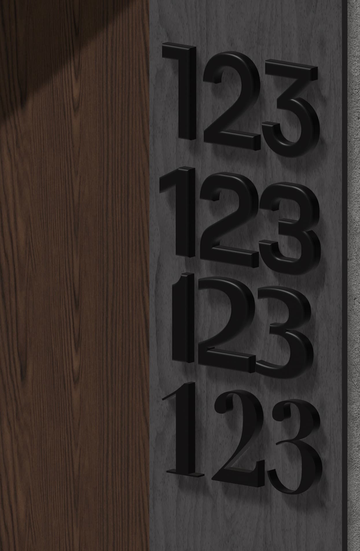 3D visualisation of door number 123 in four typeface variants on a dark door frame.