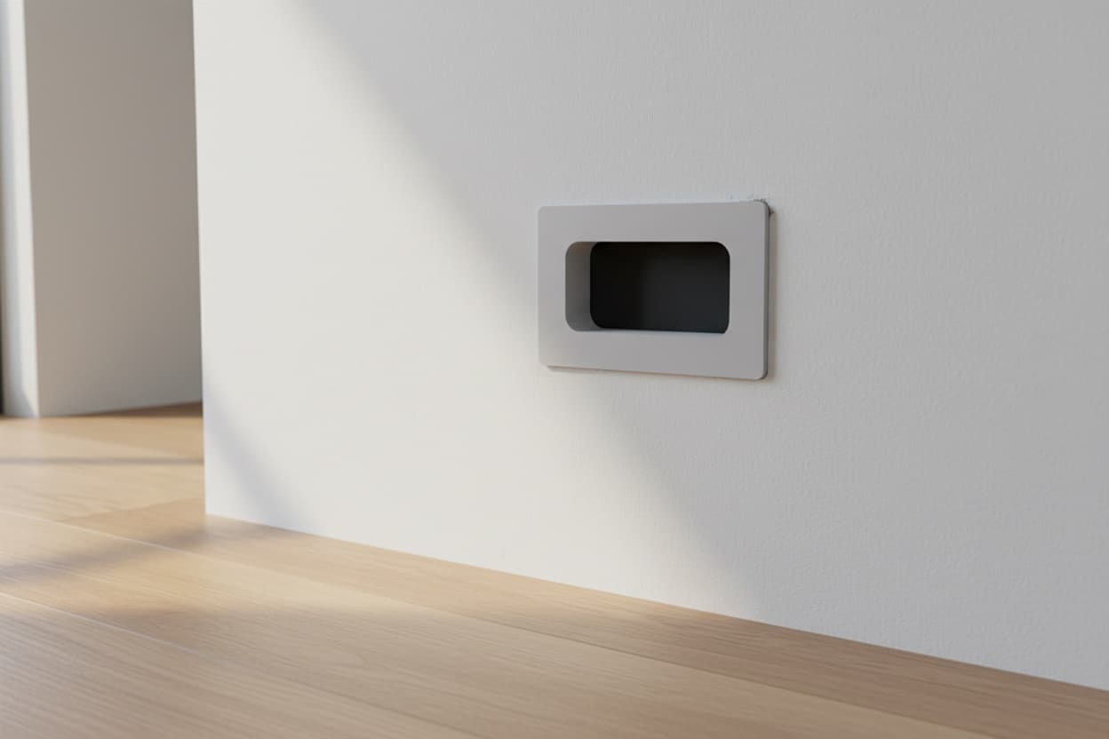 A recessed under-TV cover plate set into a white wall above a wooden floor.