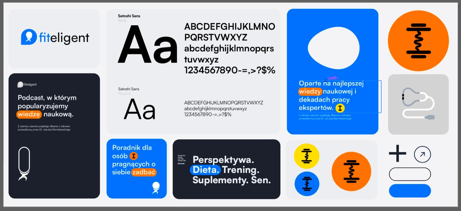 Brand board Fiteligent: logo, typografia Satoshi Sans, paleta kolorów oraz system ikon i haseł.
