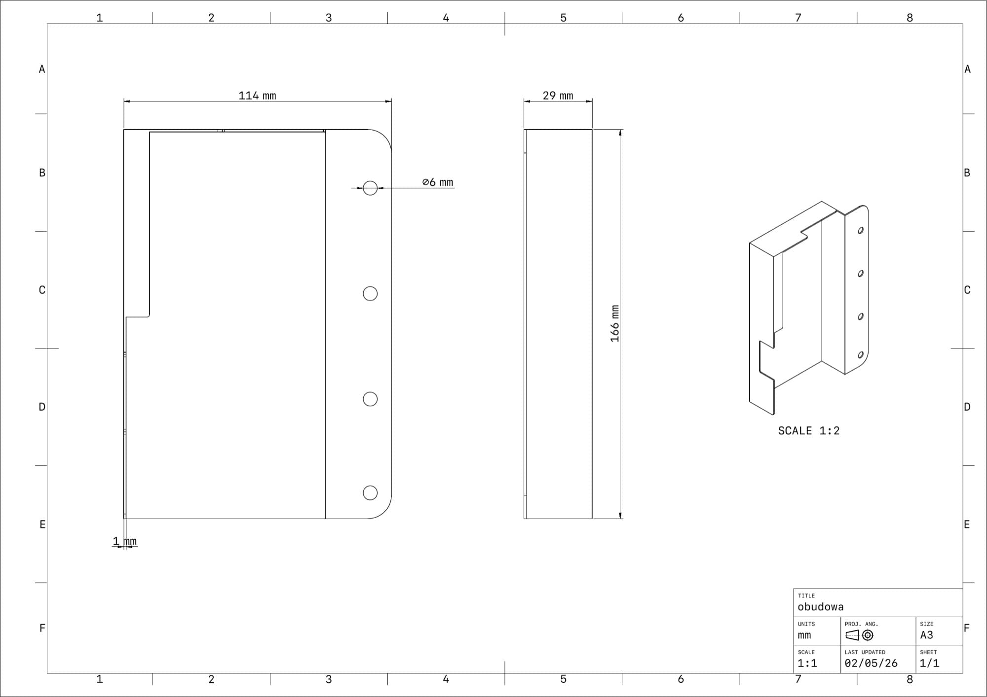 Obudowa z blachy 1 mm giętej, 114 x 166 mm, otwory ø6, widok izometryczny.