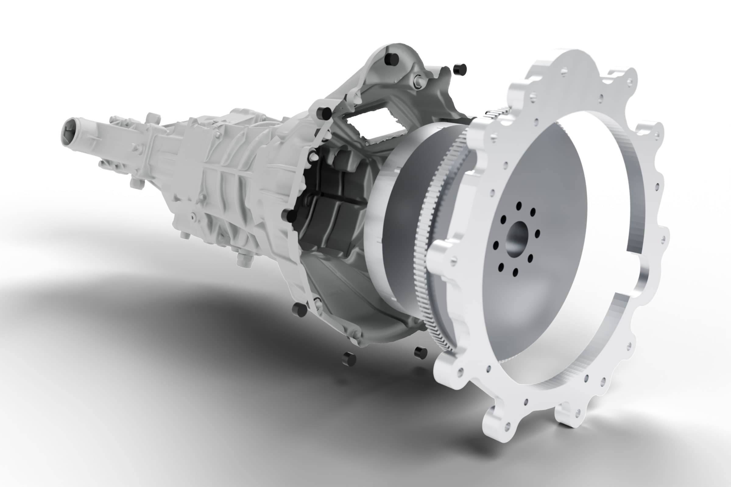 Render from the CAD model and the scan (Blender). Exploded view: the gearbox from the 3D scan, bellhousing bolts, clutch cover, flywheel and the aluminium adapter plate on the engine side.