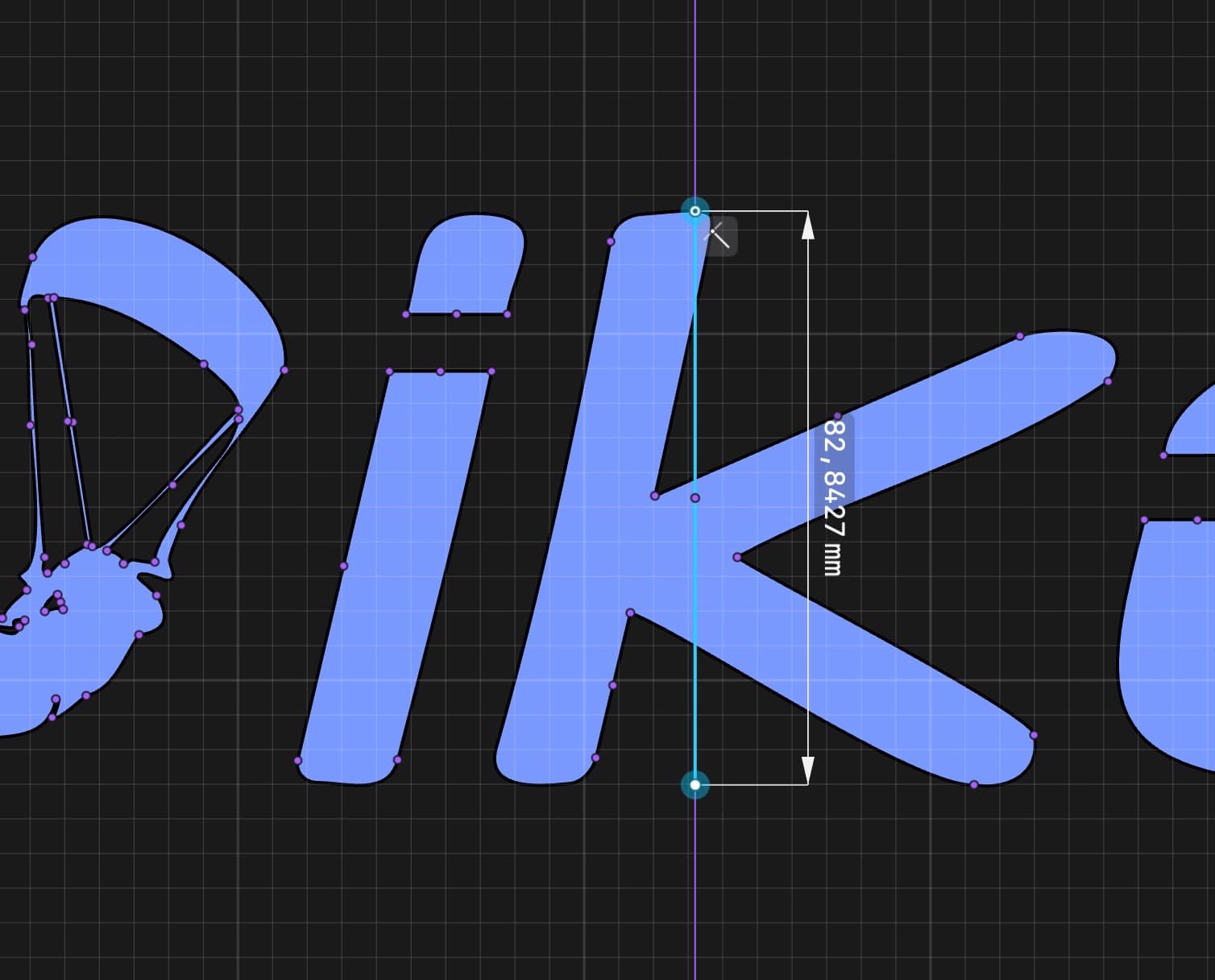 Vector editing of the IKO wordmark, showing curve nodes and a letter-height dimension.