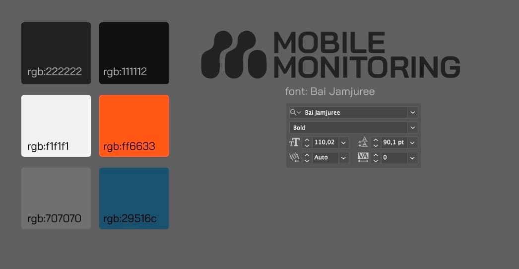Visual identity: colour palette, logo and the Bai Jamjuree typeface.