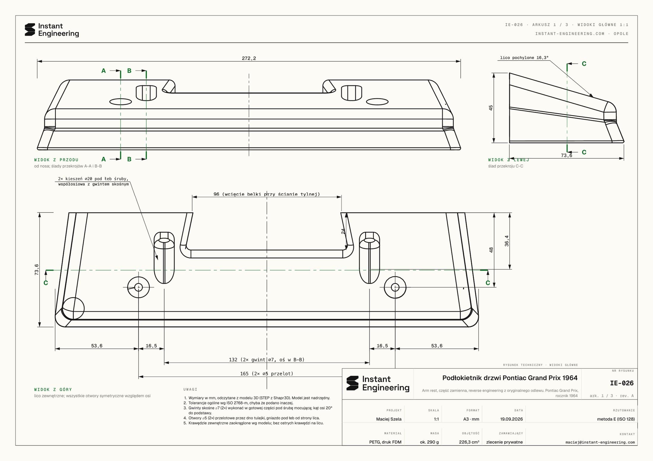 Sheet 1 of the technical drawing: main views 1:1, hole positions and the beam notch.