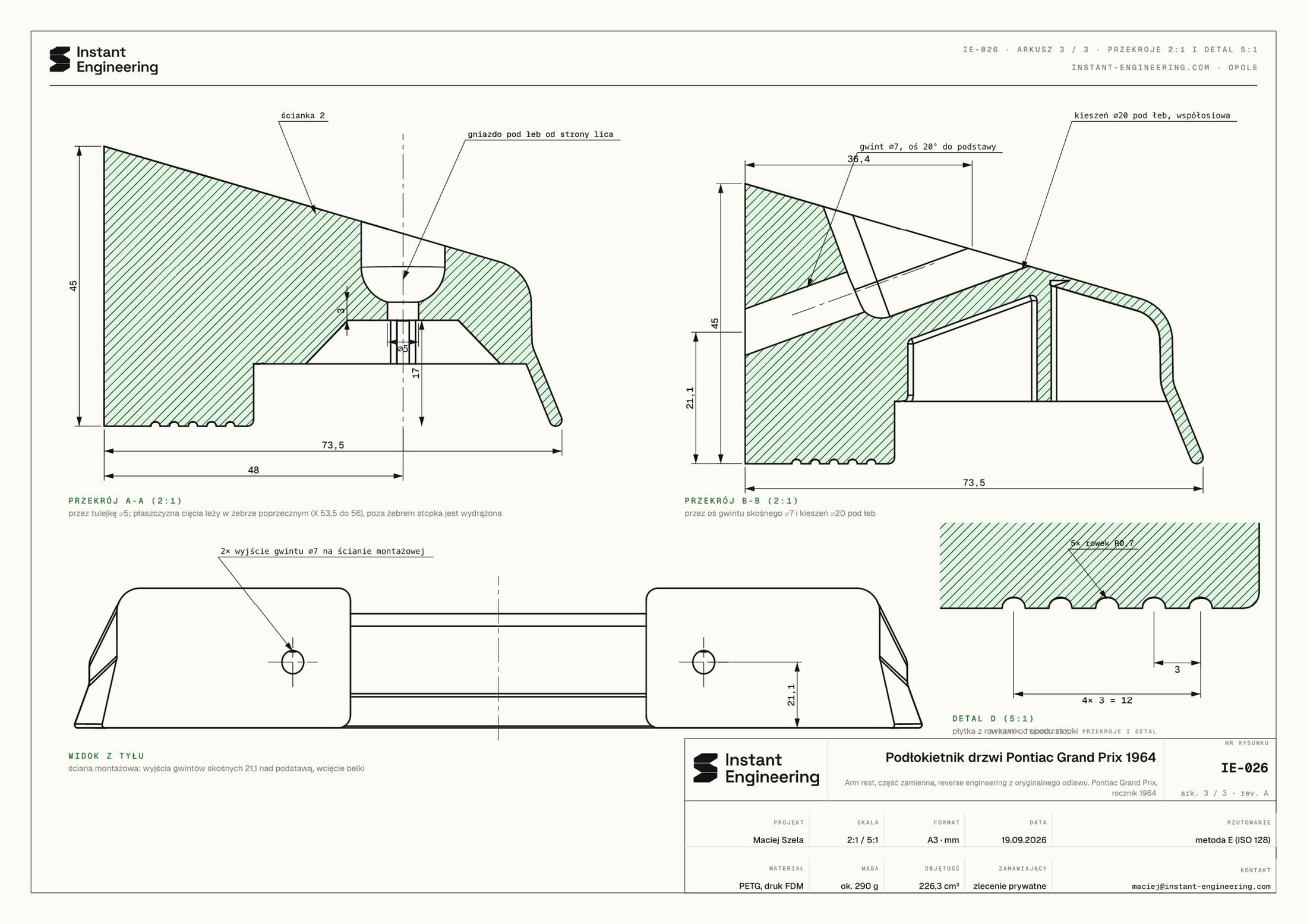 Sheet 3: 2:1 sections through the boss and the 20 degree angled thread, 5:1 groove detail.