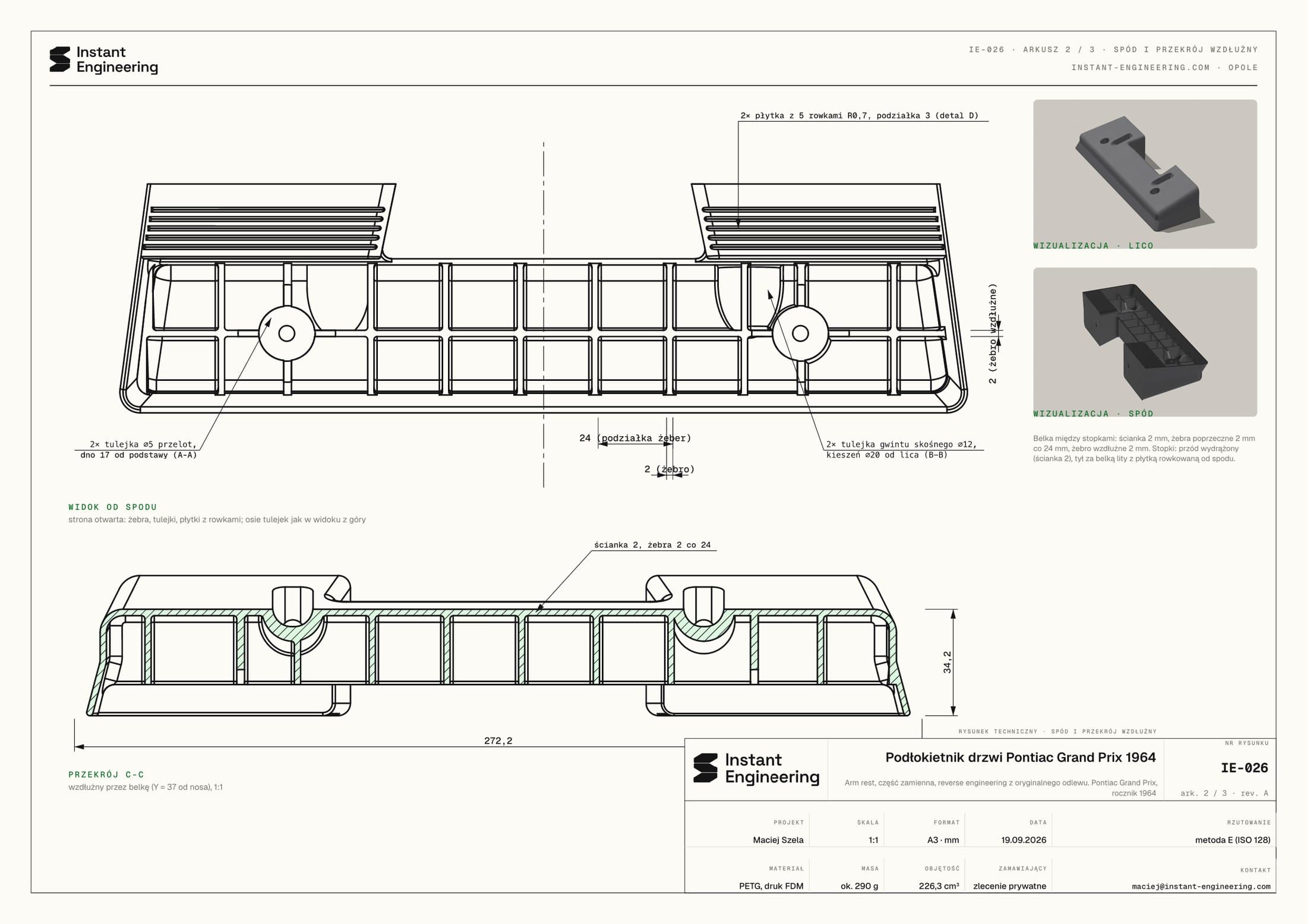 Sheet 2: underside view with the rib layout, longitudinal section and visualisations.