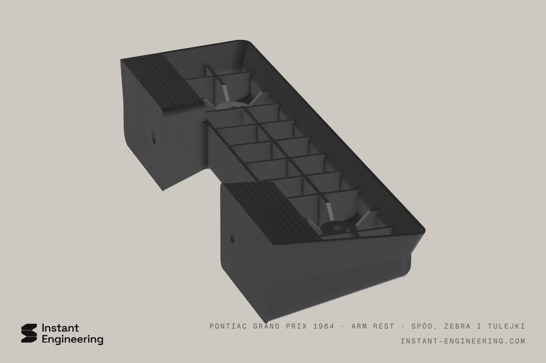 Underside of the model: 2 mm walls, ribs every 24 mm, bosses and grooved pads in the feet.
