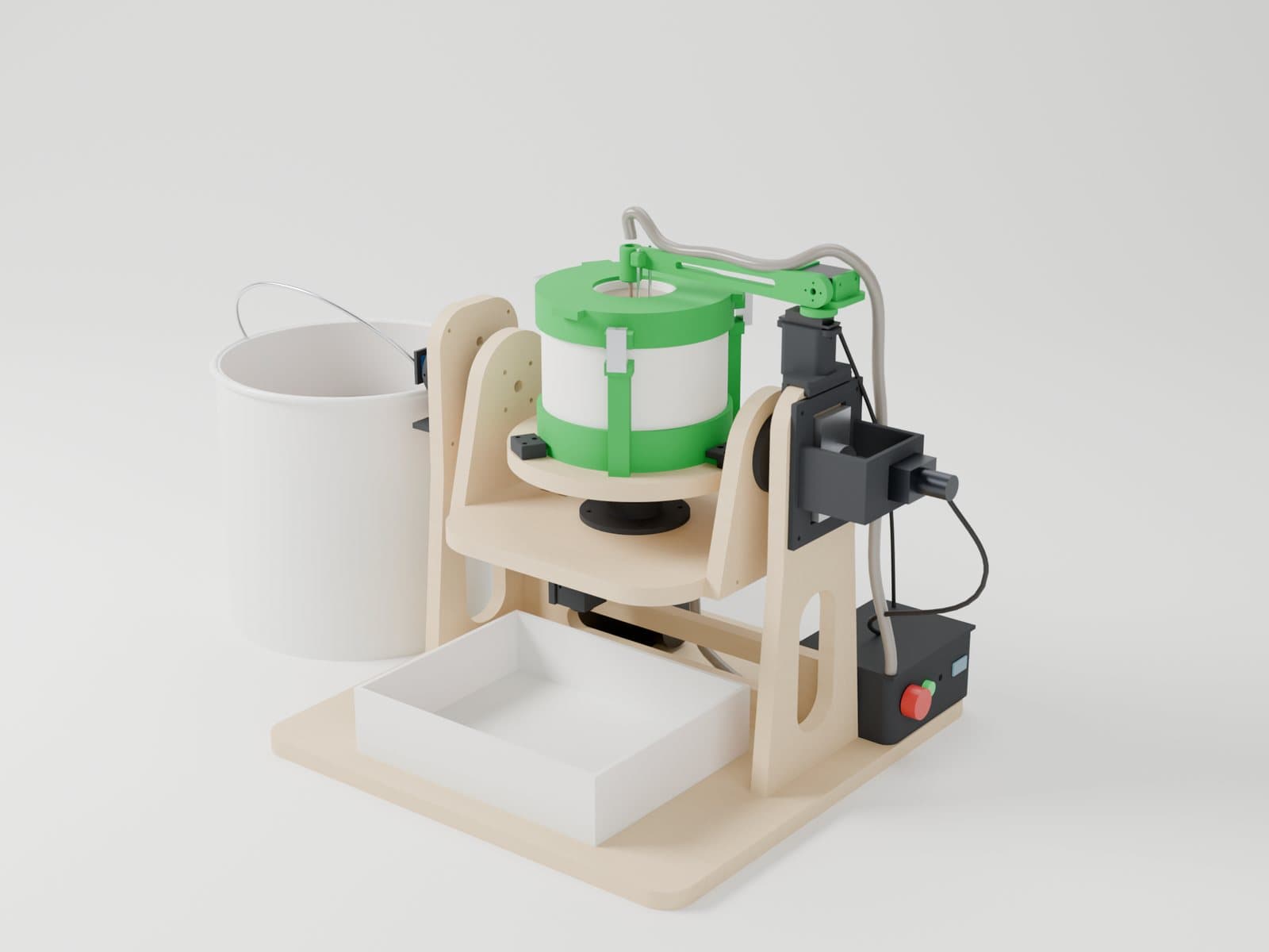 Render z modelu CAD (Blender). Sklejka 18 mm, części drukowane, forma gipsowa w dwóch kołnierzach, panel sterowania na boku.