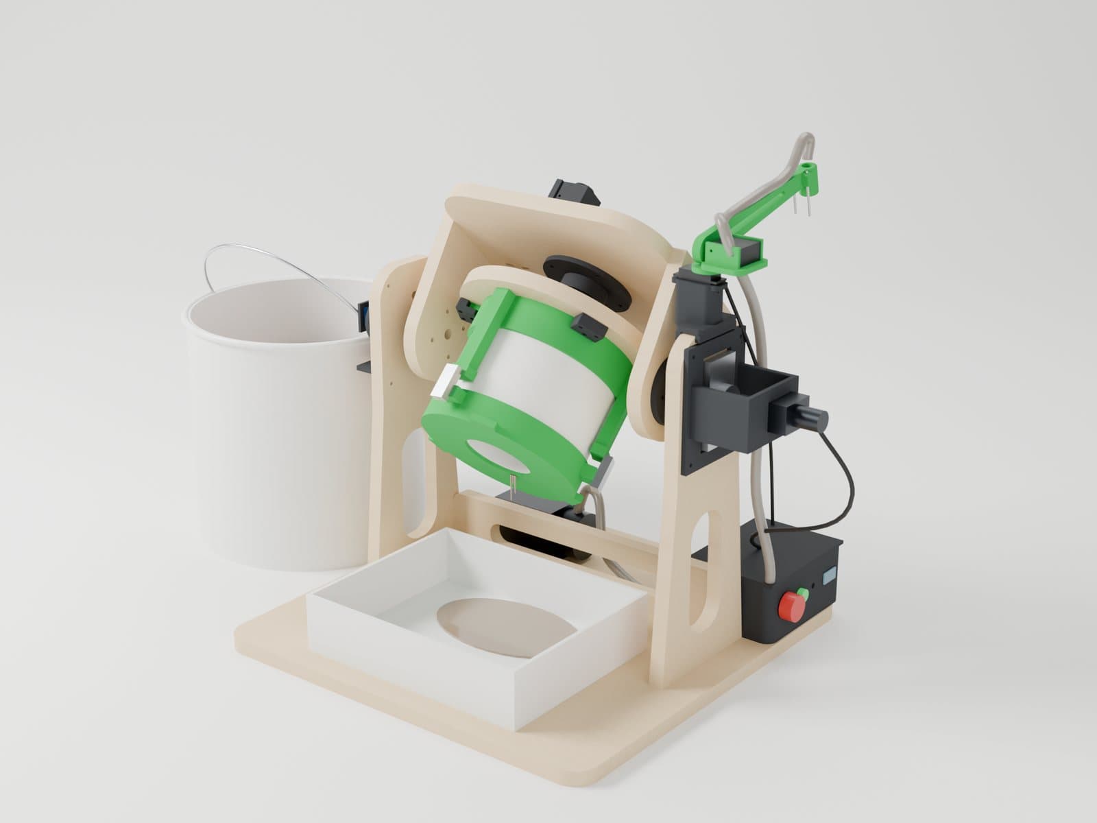 Render z modelu CAD (Blender). Odciek przy 135°: forma otworem w dół obraca się ok. 10 obr/min, resztki masy kapią do tacki.