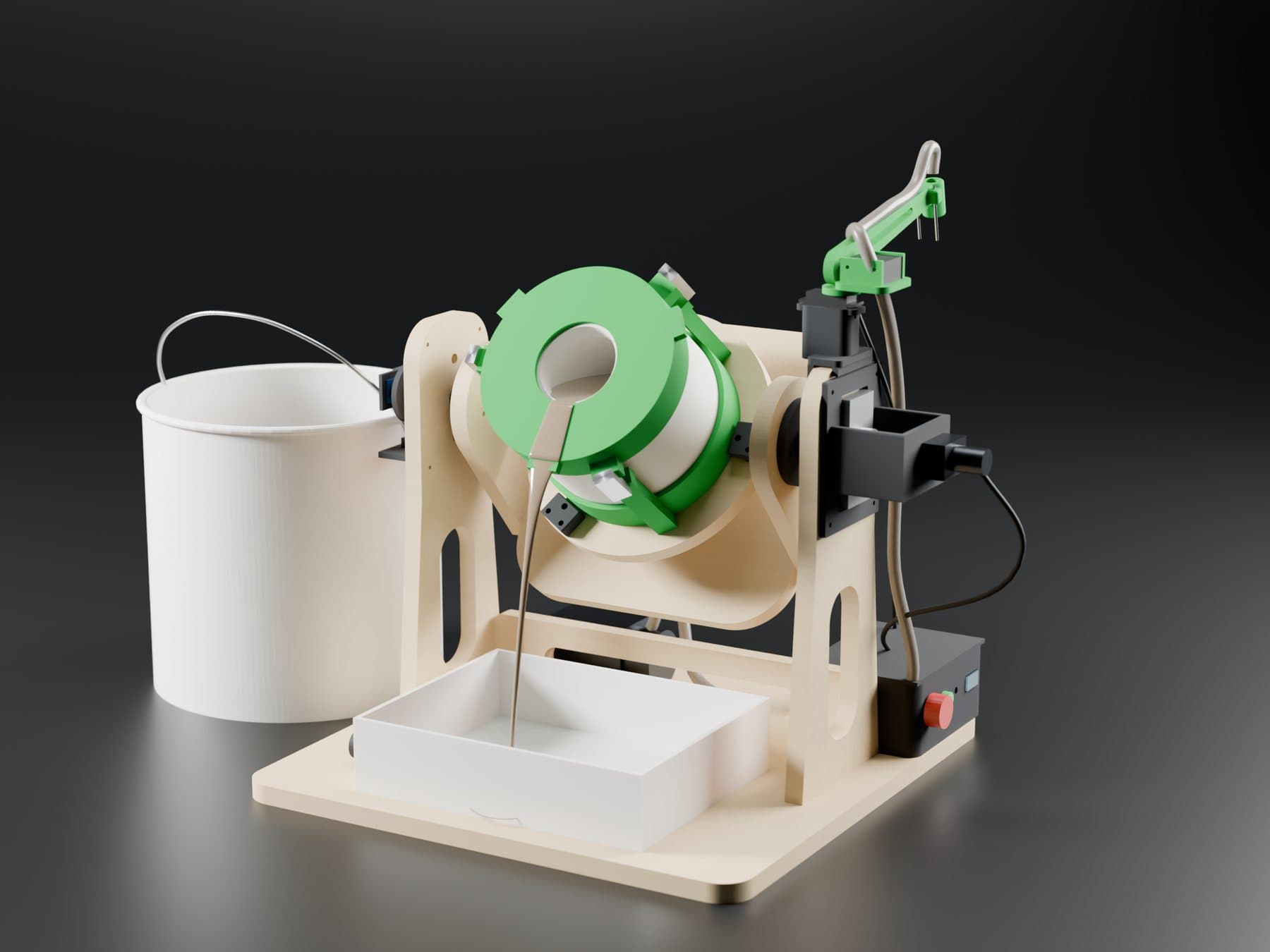 Render z modelu CAD (Blender). Przechył 55°: masa przelewa się przez kołnierz, strumień liczony z przepływu 40 ml/s.