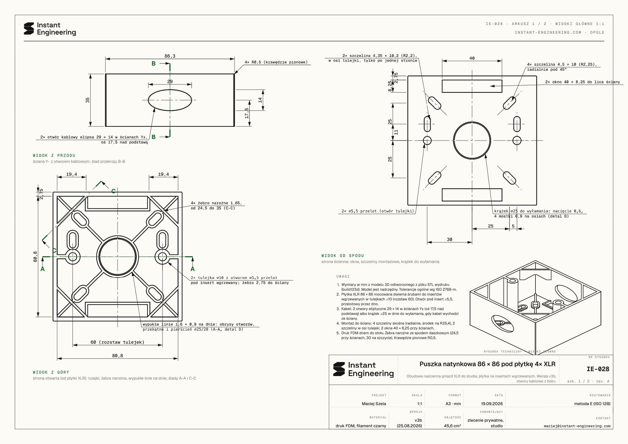 Sheet 1 of drawing IE-028: 1:1 views, 60 mm boss spacing, the hole pattern in the base.