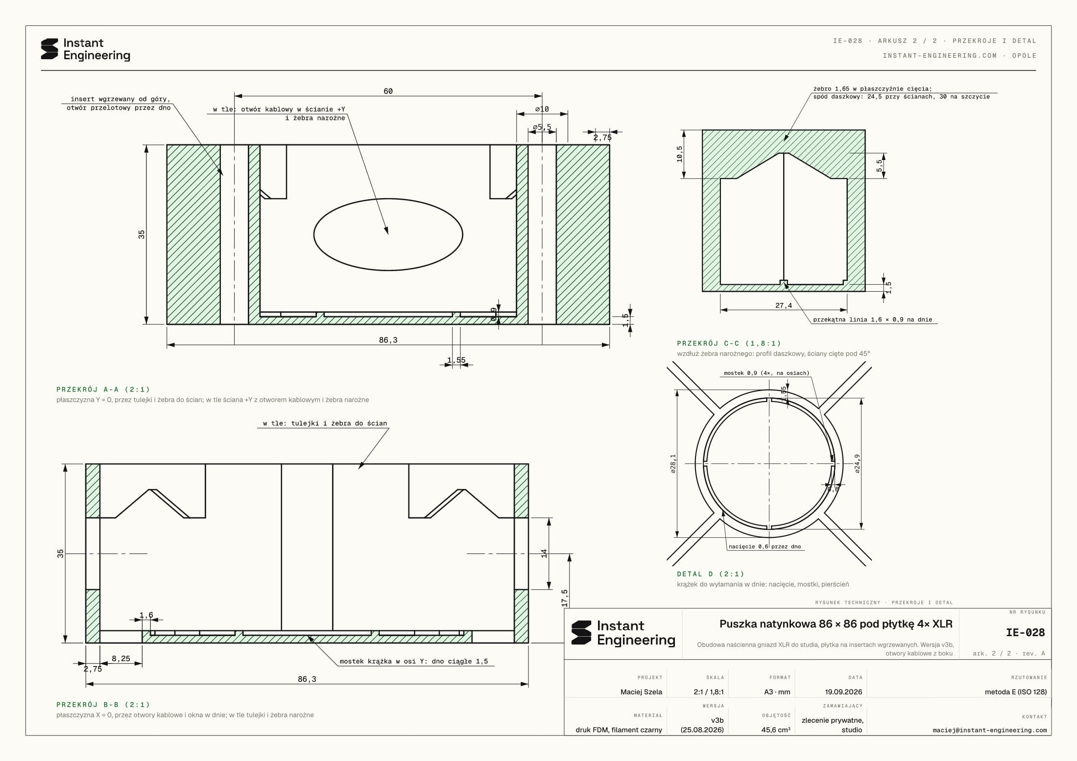Sheet 2: 2:1 sections through the bosses and cable openings, corner rib, knock-out disc.