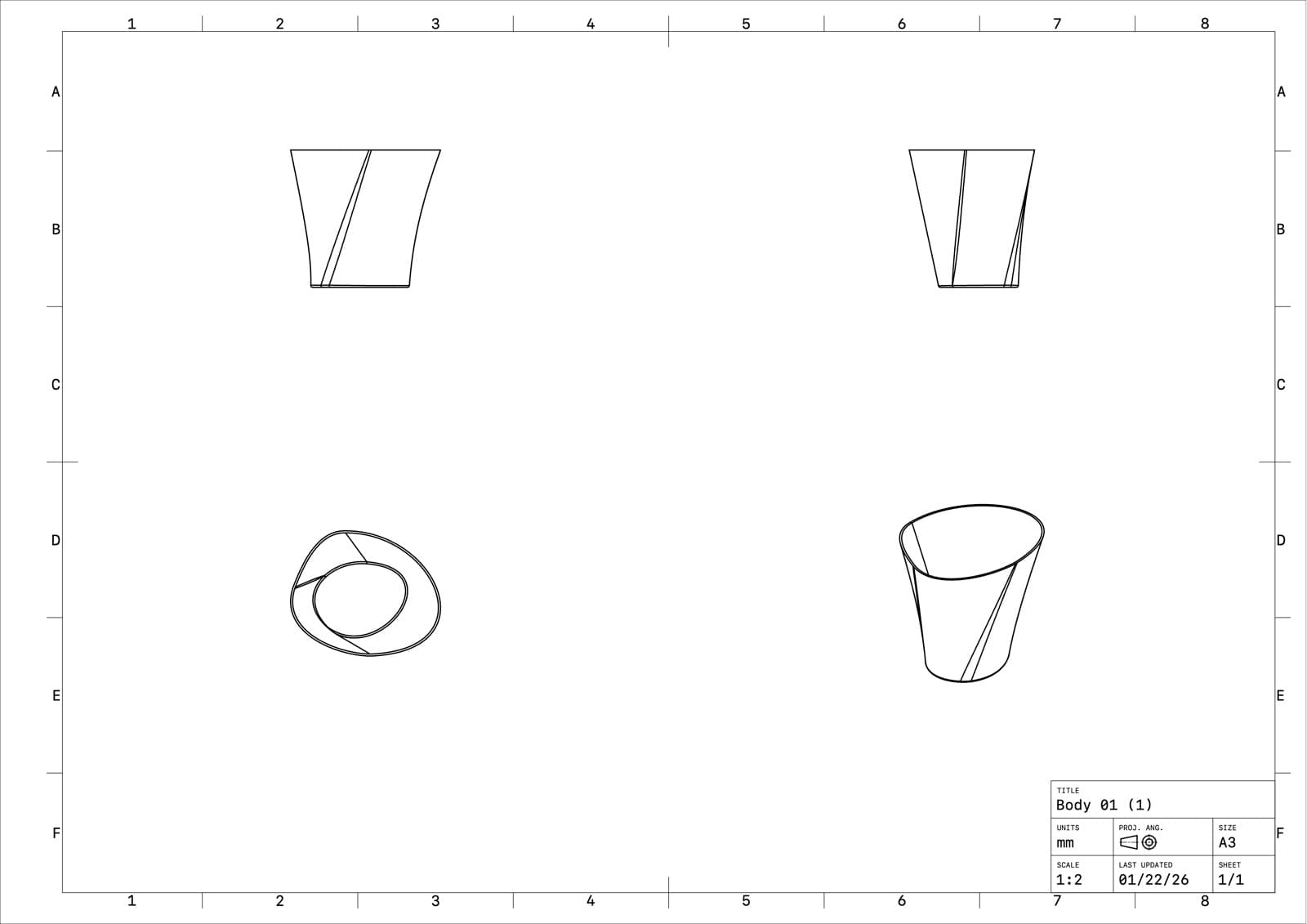 CAD technical drawing of the lamp body for the PANACEUM hall